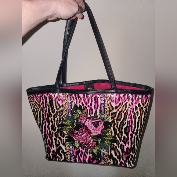 Betsey Johnson Pink Large Leopard Animal Flower Floral Embroded Tote - Picture 3 of 4